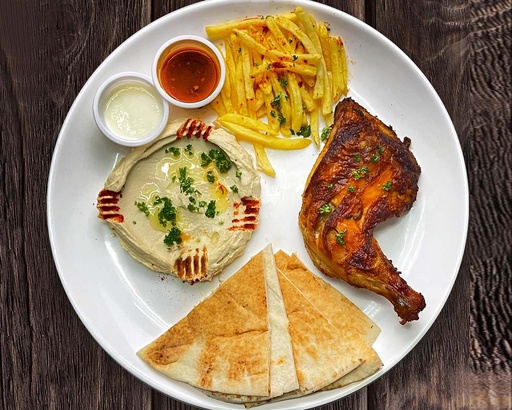 Roasted Chicken with Hummus and Fries